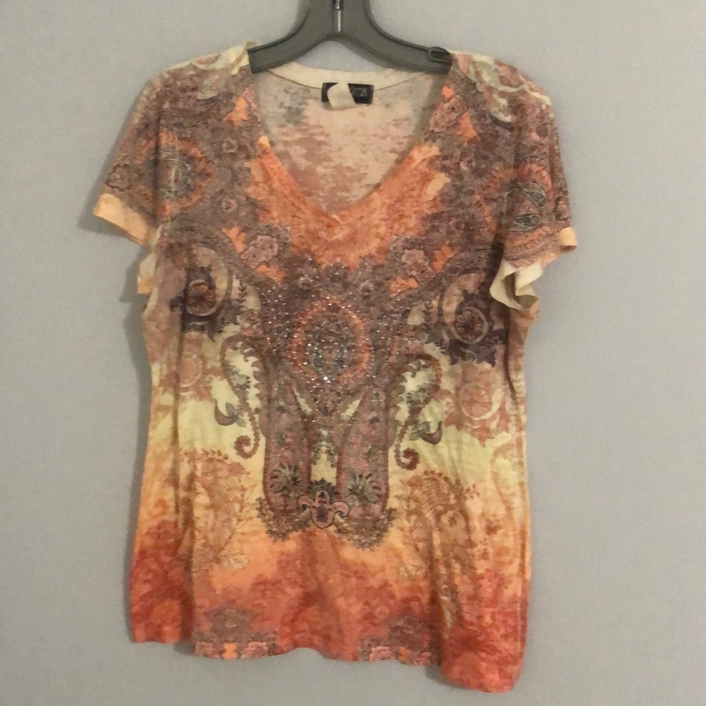 Orange rhinestone print shirt, size XL